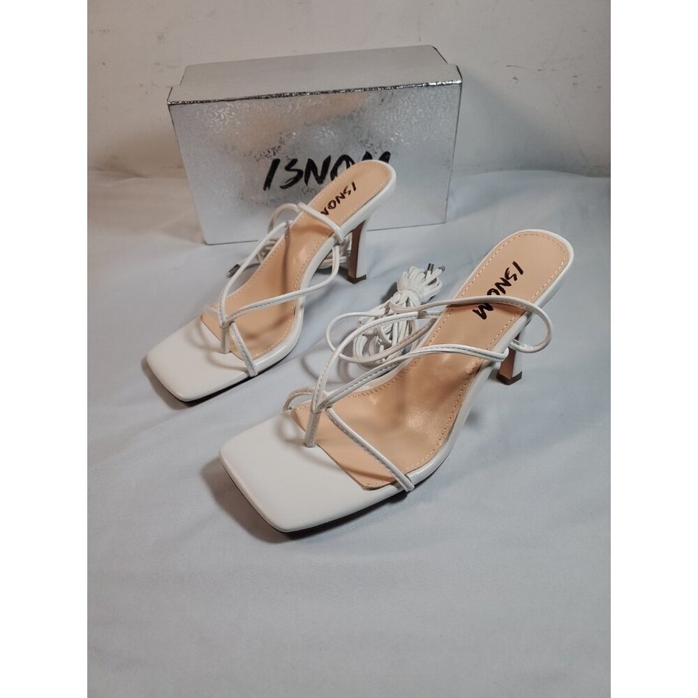 ISNOM White Women Heeled Sandals with Lace Up Strappy Ankle Size US 8 EU 38 - Picture 8 of 11